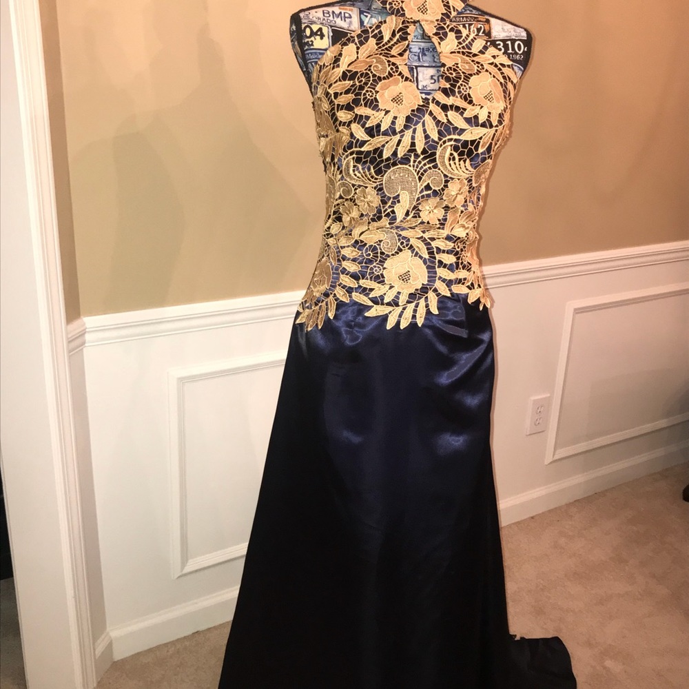 Floor length formal gown. Navy blue and gold